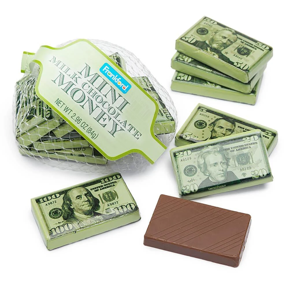 Foiled Milk Chocolate Money Mini Bars In Mesh Bags: 18-Piece Box